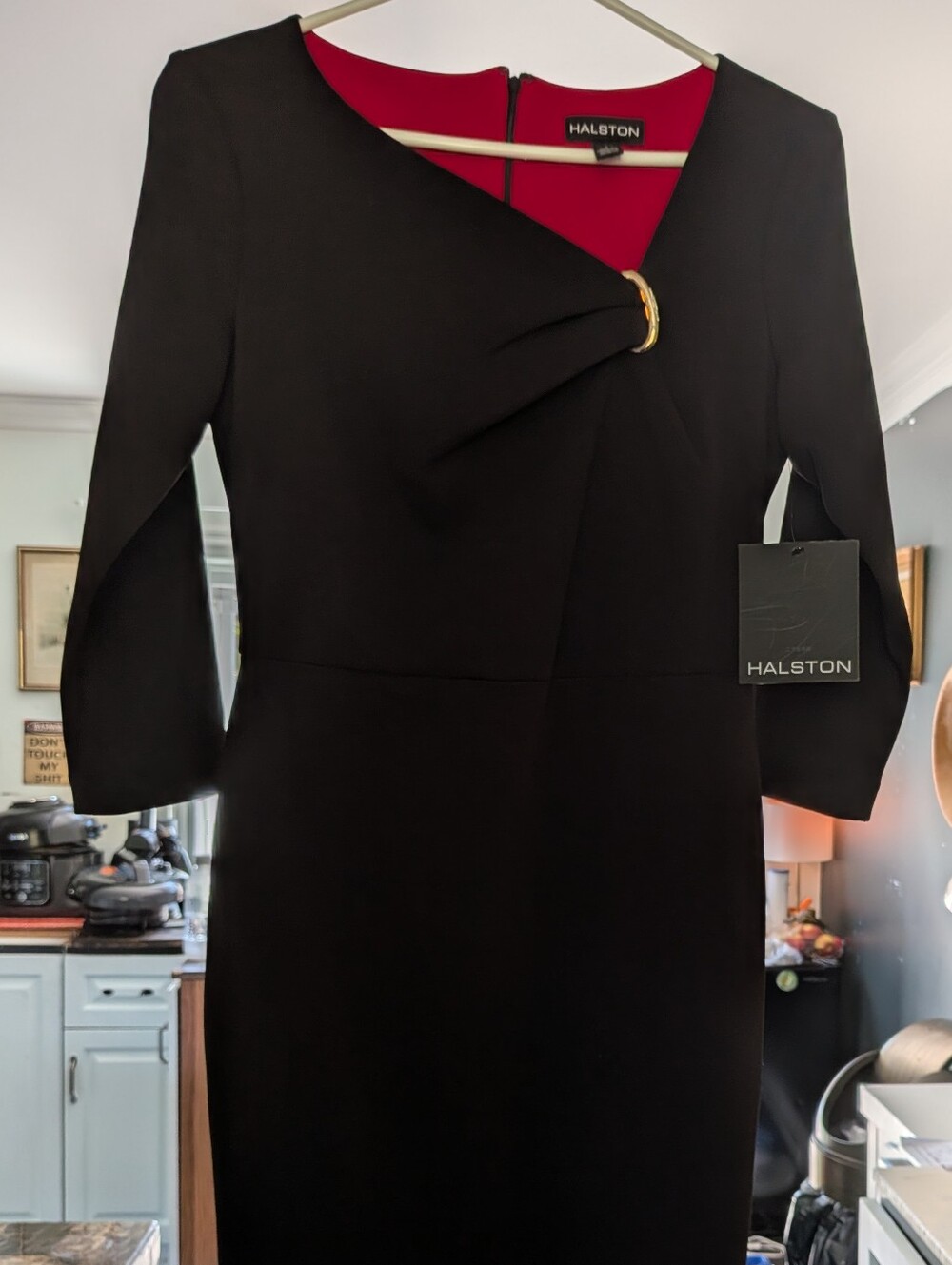 NWT Halston Black Sheath Asymmetrical Neckline Dress W Buckle Size 4